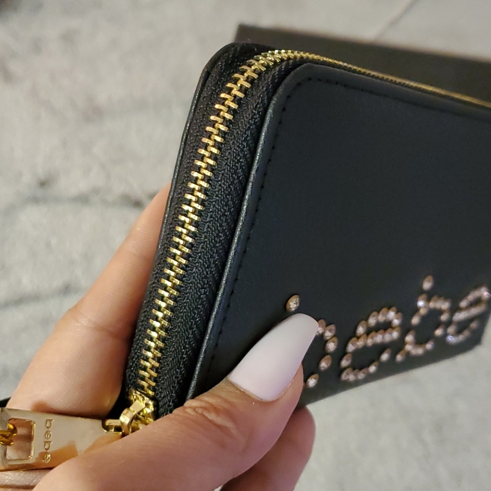 bebe Rhinestone Logo Zip Around Wallet - Black - Picture 10 of 13